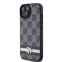 DKNY iPhone 15 Plus 6,7" -puhelimen suojakuori DKHCP15MPCPTSSK, musta, HC PU -ruutukuvio ja painetut raidat.