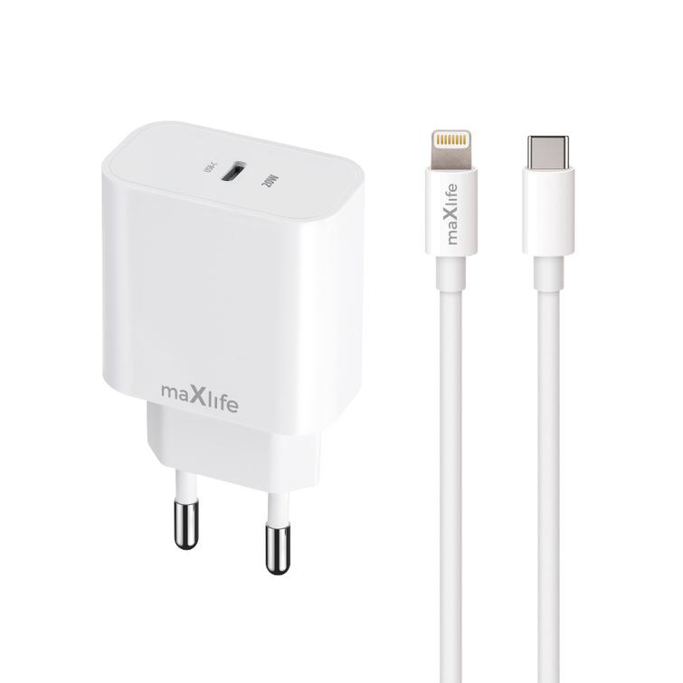 Maxlife MXTC-06-20C PD QC laturi 1x USB-C 20W valkoinen + USB-C - Lightning-kaapeli 20W