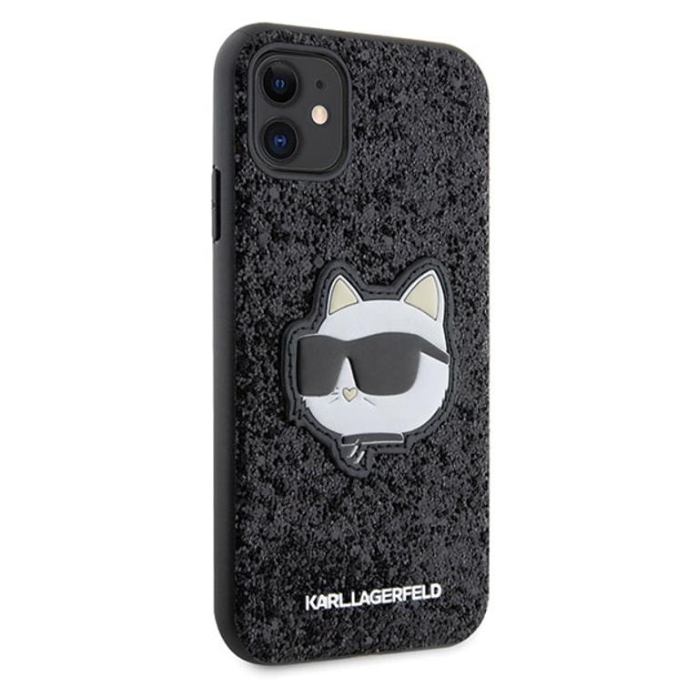 Karl Lagerfeld iPhone 11 / XR -suojakuori KLHCN61G2CPK musta kovakuori Glitter Choupette Patch -kuviolla