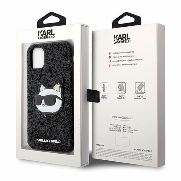 Karl Lagerfeld iPhone 11 / XR -suojakuori KLHCN61G2CPK musta kovakuori Glitter Choupette Patch -kuviolla