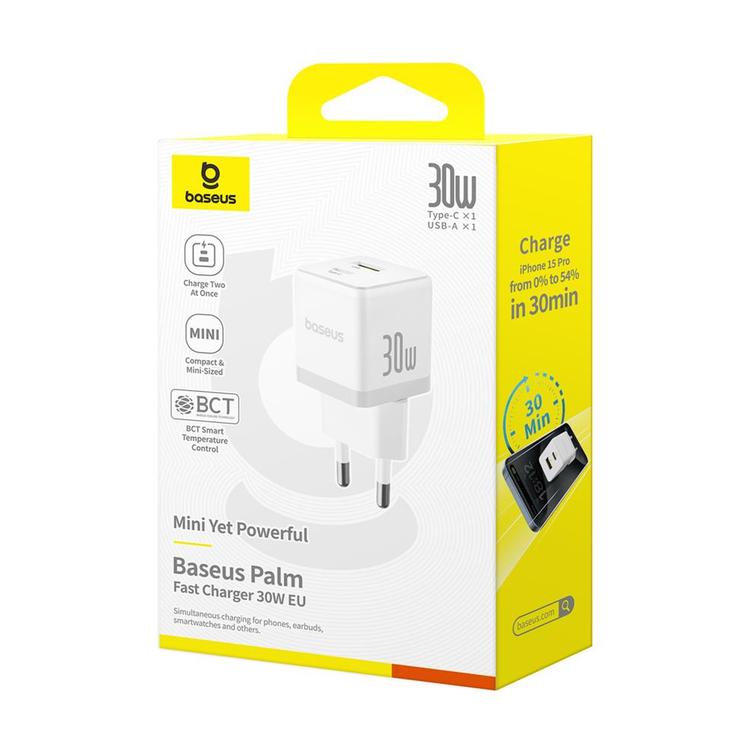 Baseus Palm Fast Charger Wall Charger 30W USB-C USB-A EU Moon White