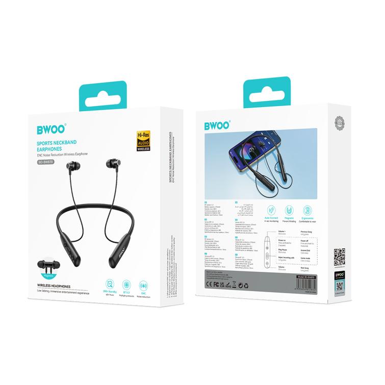 BWOO Stereo Sound Quality BT5.3 Kaulapangalliset Kuulokkeet BW870 Musta