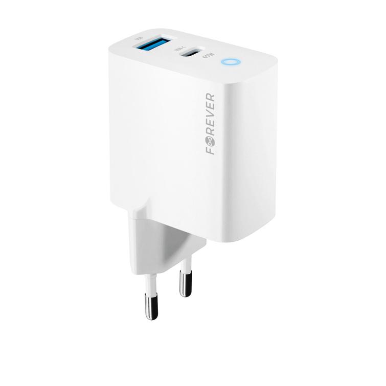 Forever TC-06-65AC GaN PD QC laturi 1x USB-C 1x USB 65W valkoinen