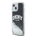 DKNY iPhone 15 6,1" -puhelimen kuoret, mustat nestekimalleilla ja kaarilogolla. DKNY DKHCP15SLBNAEK -kotelo.