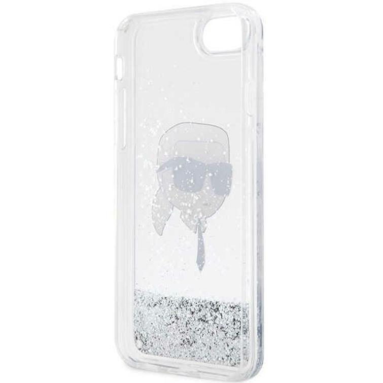 Karl Lagerfeld -suojakuori iPhone 7 / 8 / SE:lle KLHCI8LNKHCH hopeinen HC Liquid Glitter NFT Karl's Head