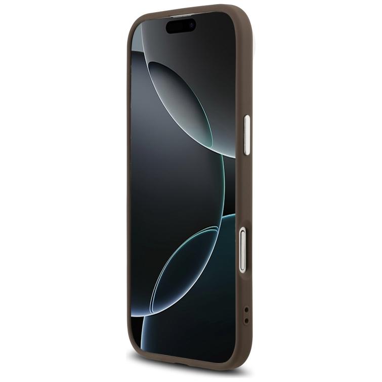 Guess Case Magsafe 4G PU-nahkakotelo kolmiologolla ja hopeisella metallisella kamerakehyksell&auml; iPhone 17 Air Brownille