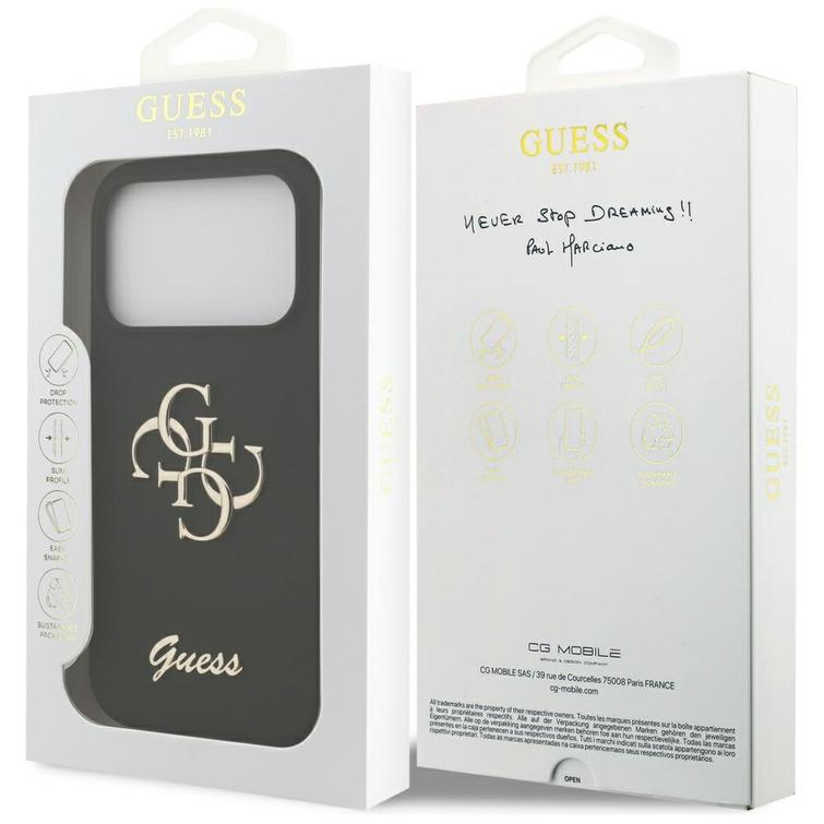 Guess Silicone Big 4G Script -suojakuori iPhone 17 Prolle, musta