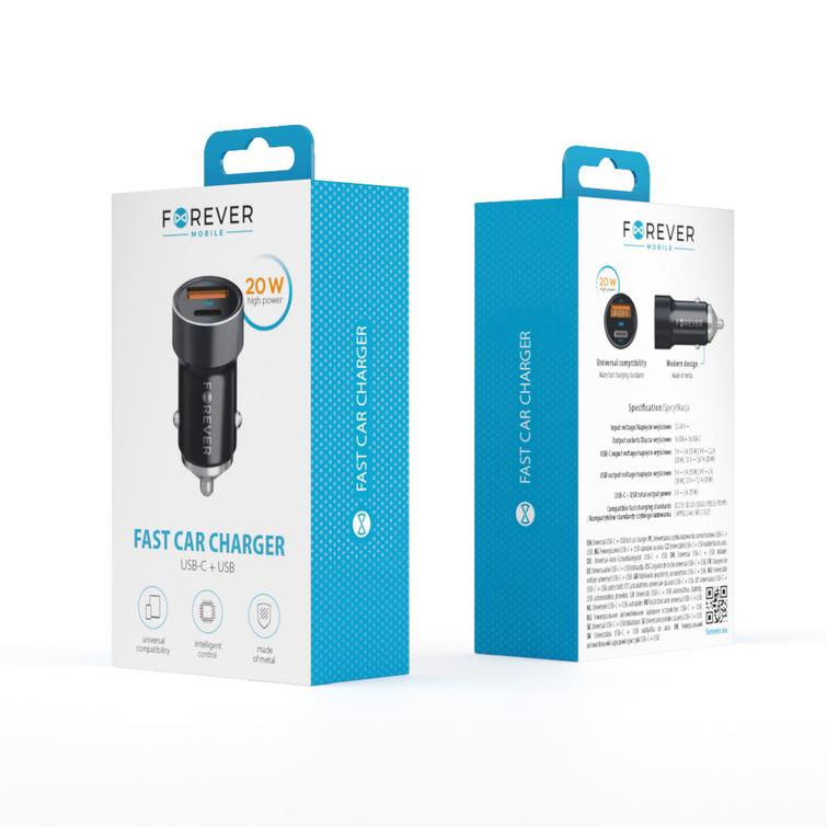 Forever CC-06 PD QC autolaturi 1x USB-C 1x USB 20W musta