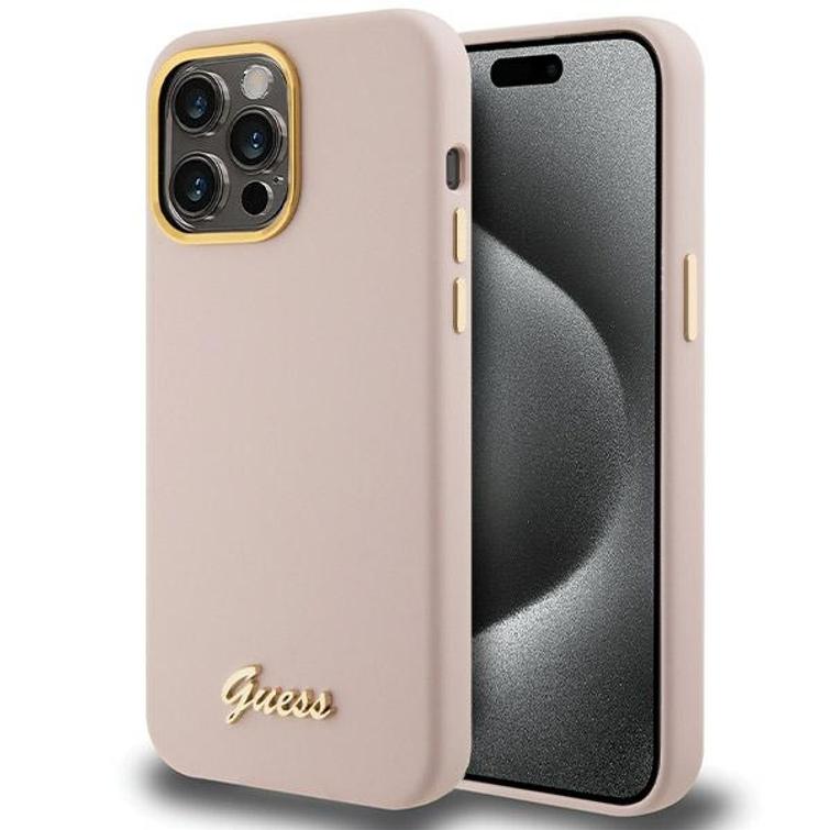 Guess iPhone 15 Pro 6,1" suojakuori GUHCP15LSMBSLP pinkki HC SILICONE SCRIPT METAL LOGO & FRAME