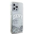 DKNY-suojakuori iPhone 15 Pro Max 6,7":lle DKHCP15XLBNAET, valkoiset HC-nestekimalteet ja kaarilogo.