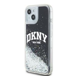 DKNY iPhone 15 6,1" -puhelimen kuoret, mustat nestekimalleilla ja kaarilogolla. DKNY DKHCP15SLBNAEK -kotelo.