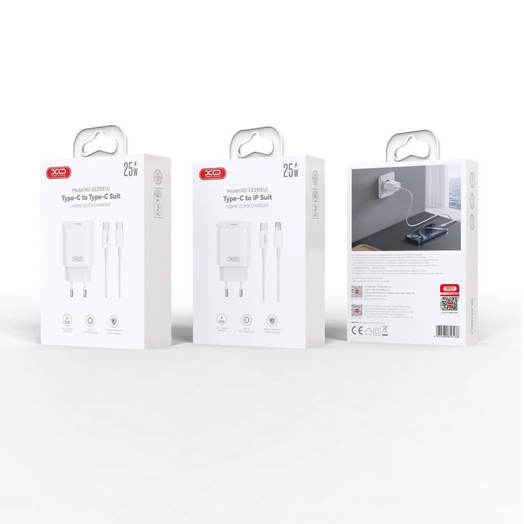 XO sein&auml;laturi CE25 PD 25W 1x USB-C valkoinen + USB-C-kaapeli - Lightning