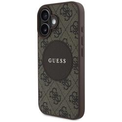 Guess HC MagSafe PU 4G Circle -suojakuori klassisella logolla iPhone 16:lle, ruskea