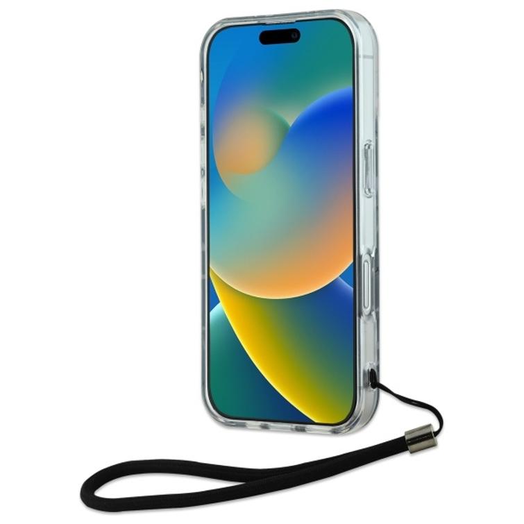 Karl Lagerfeld iPhone 16 Plus 6,7" -puhelimen kuoret, KLHCP16MHZBPKCCU, violetti kova seeprakuvio ja johto.