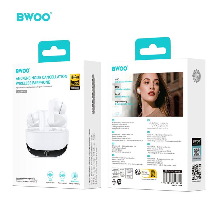 BWOO Bluetooth-kuulokkeet BW40 TWS ANC LCD-näytöllä, valkoiset