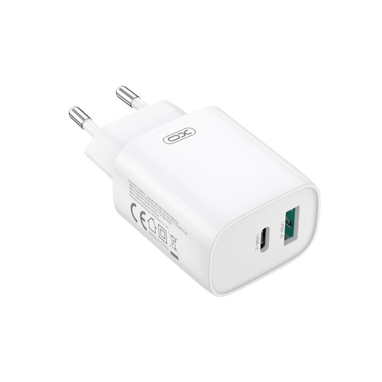XO sein&auml;laturi CE30 PD 30W 1x USB-C 1x USB valkoinen + USB-C-kaapeli - Lightning