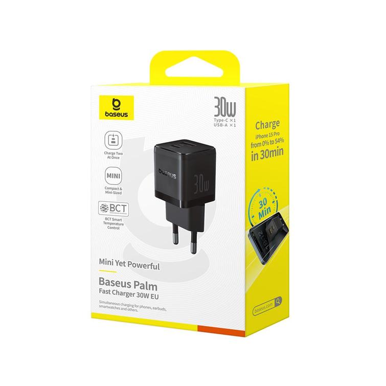 Baseus Palm Fast Charger Wall Charger 30W USB-C USB-A EU Cluster Black