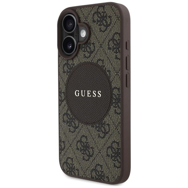 Guess HC MagSafe PU 4G Circle -suojakuori klassisella logolla iPhone 16:lle, ruskea