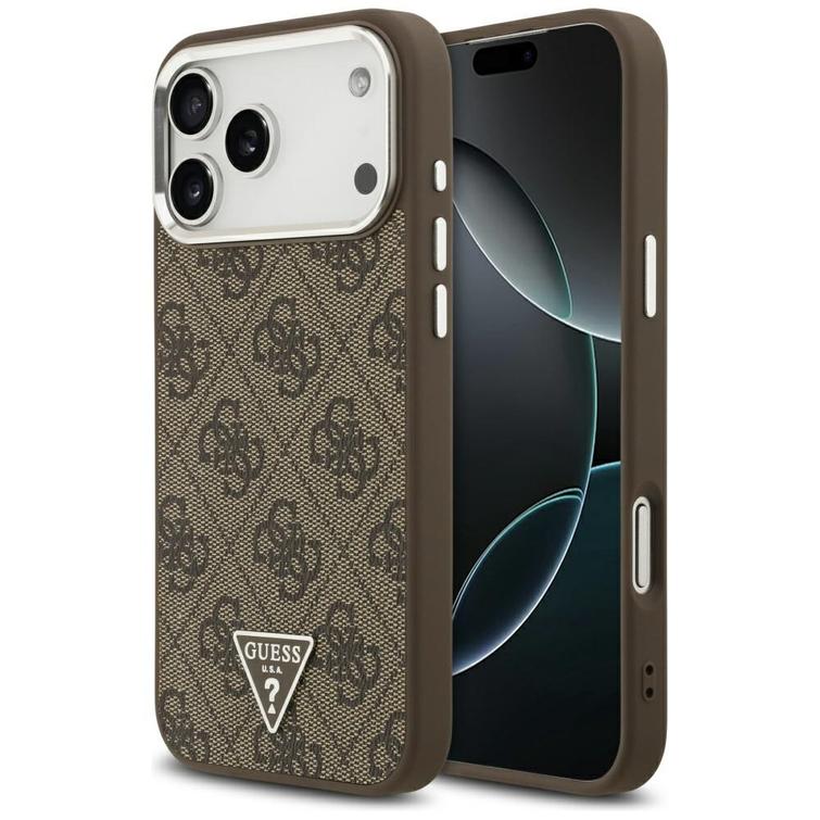 Guess Case Magsafe 4G PU-nahkakotelo kolmiologolla ja hopeisella metallisella kamerakehyksellä iPhone 17 Pro Maxille, ruskea