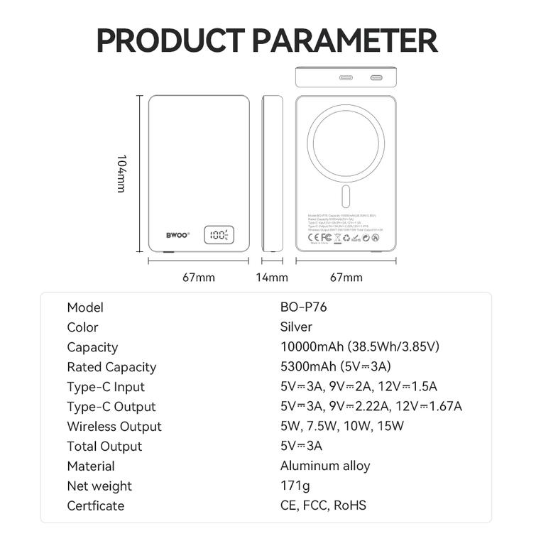 BWOO ultraohut alumiininen magneettinen varavirtal&auml;hde P76 PD 20W 10000 mAh digitaalisella n&auml;yt&ouml;ll&auml; ja USB-C-portilla, musta