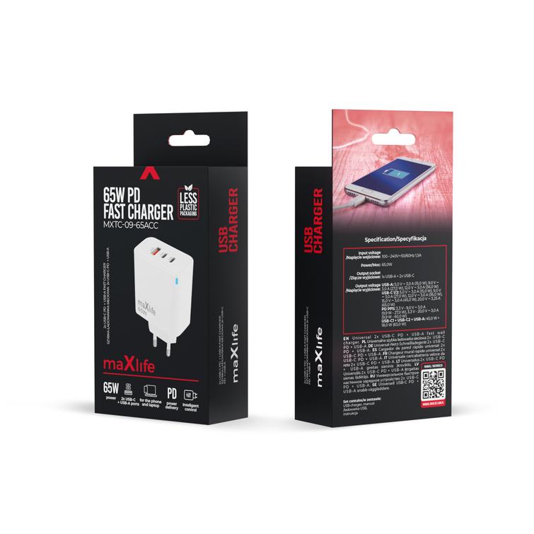 Maxlife MXTC-09-65ACC GaN PD QC laturi 2x USB-C 1x USB 65W valkoinen
