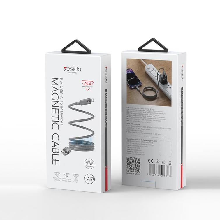 YESIDO MAGNETIC CABLE CA174 12W USB/LIGHTNING 1M 2.4A GREY