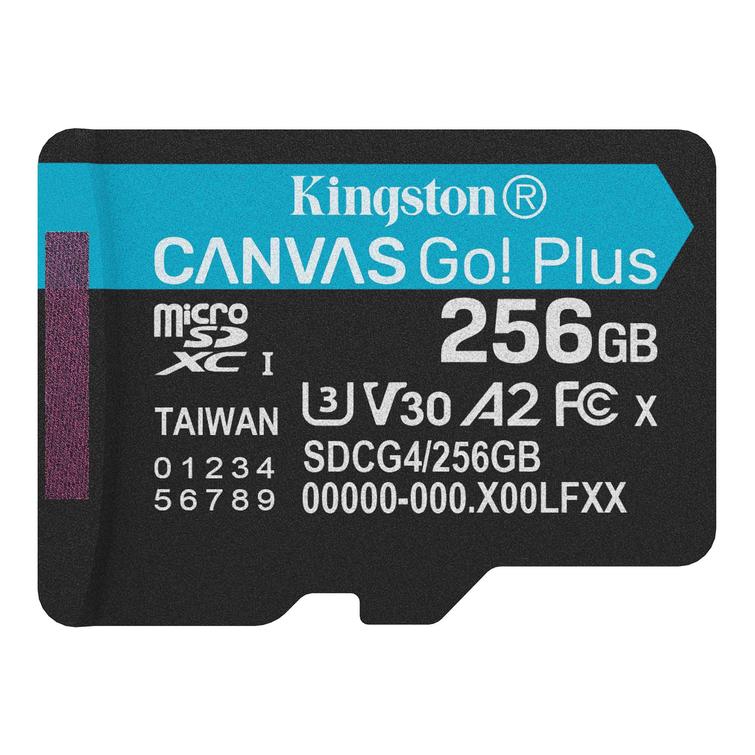 Kingstonin muistikortti 256GB microSDXC Canvas Go Plus Gen4 200R A2 U3 yksittäispakkaus ilman ADP:tä