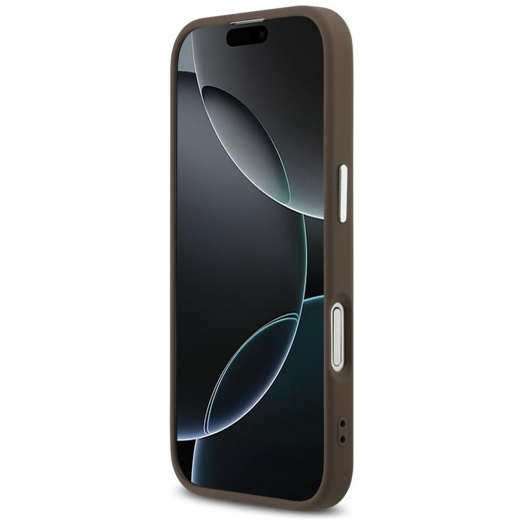 Guess Case Magsafe 4G PU-nahkakotelo kolmiologolla ja hopeisella metallisella kamerakehyksell&auml; iPhone 17:lle, ruskea