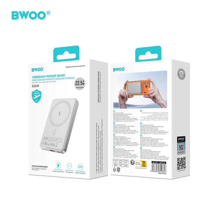 BWOO P82 BO 10000mah 15w varavirtalähde langaton lataus vaaleanharmaa