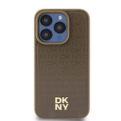 DKNY iPhone 15 Plus 6,7" -puhelimen kuoret DKHMP15MPSHRPSW ruskea HC Magsafe -punottu toistuva kuvio pinotulla logolla.