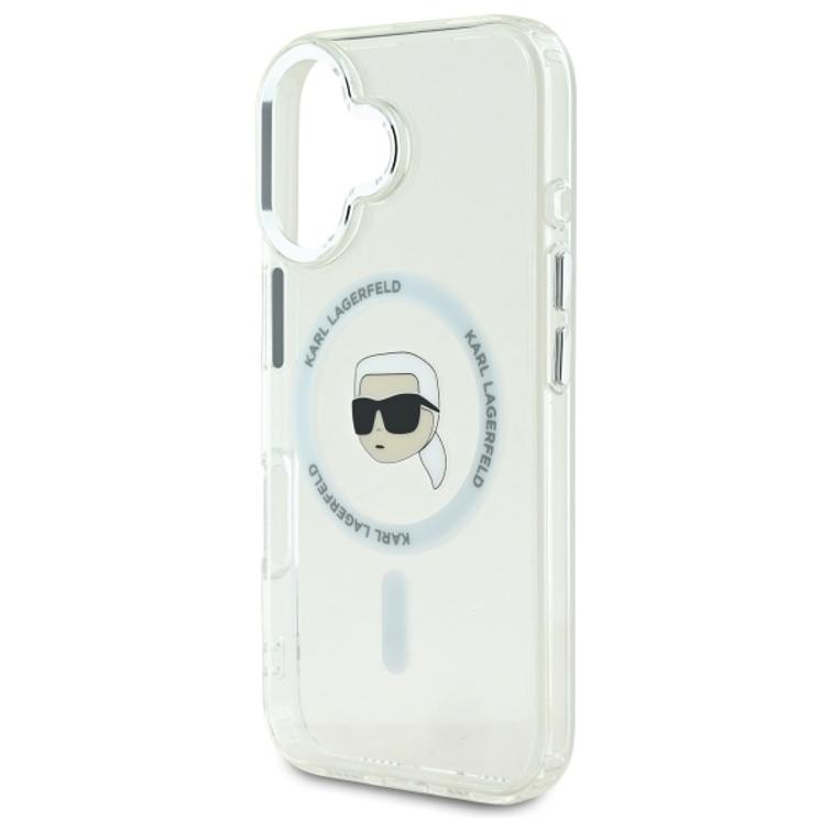 Karl Lagerfeld iPhone 16 6,1" -puhelimen suojakuori, KLHMP16SHLSKIH, valkoinen, kova IML-suoja, metallinhohtoinen Karl Head MagSafe -naaras.