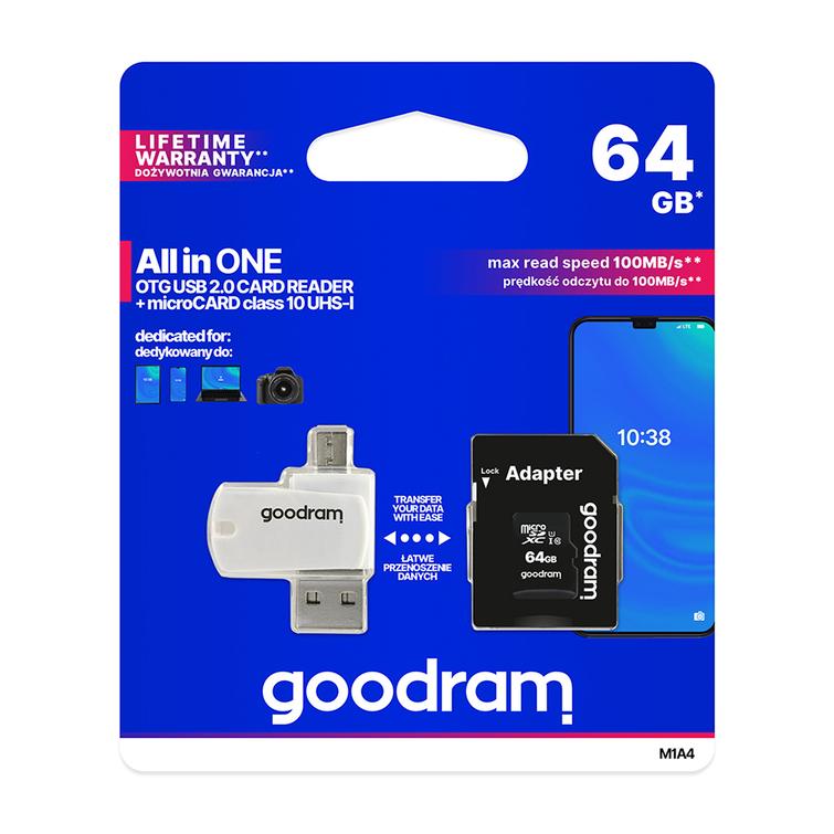 GoodRam muistikortti 64GB microSDHC cl. 10 UHS-I + sovitin + kortinlukija