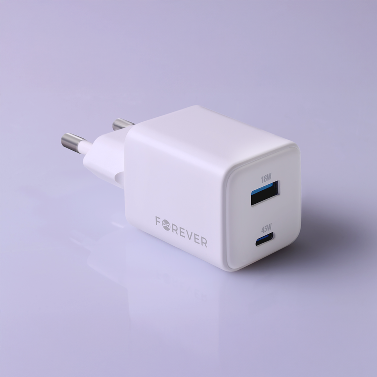 Forever TC-08-45AC GaN PD QC laturi 1x USB-C 1x USB 45W valkoinen