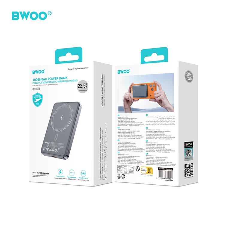 BWOO P82 BO 10000mah 15w varavirtal&auml;hde langaton lataus tummanharmaa