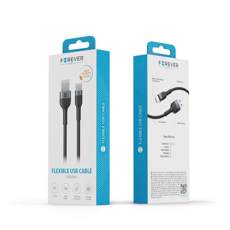 Forever Joustava USB-C-kaapeli - USB-C 1,0 m 3A musta