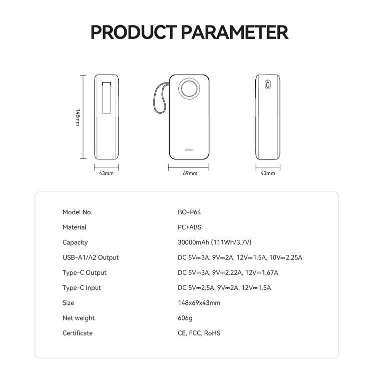 BWOO 22,5W 30000 mAh varavirtal&auml;hde LCD-n&auml;yt&ouml;ll&auml;, valkoinen