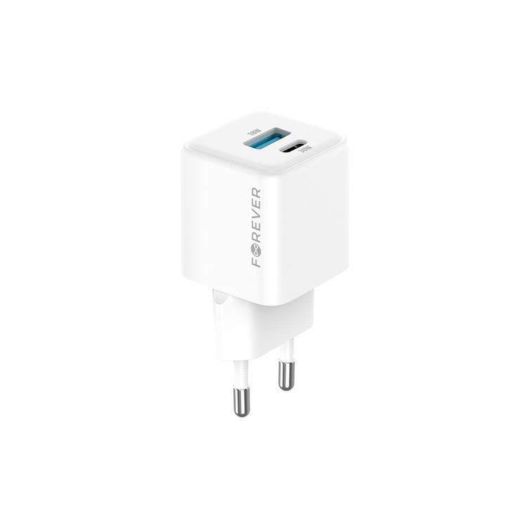 Forever TC-08-30AC GaN PD QC laturi 1x USB-C 1x USB 30W valkoinen