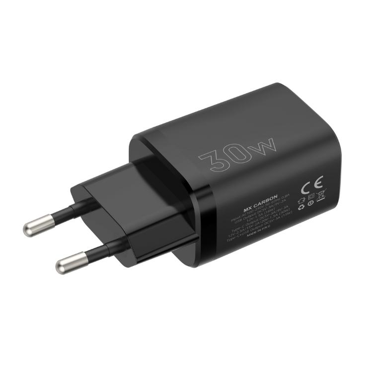 WALL CHARGER MX CARBON 30W PD+QC USB-A+C BLACK