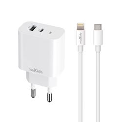 Maxlife MXTC-06-20AC PD QC laturi 1x USB-C 1x USB 20W valkoinen + USB-C - Lightning-kaapeli 20W