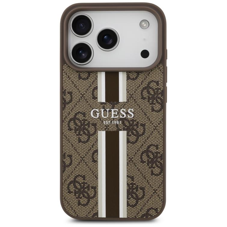 Guess 4G Printed Stripes MagSafe -kotelo iPhone 17 Prolle, ruskea