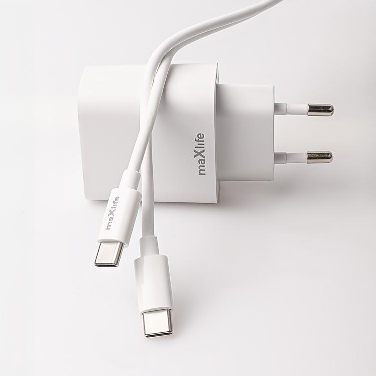 Maxlife MXTC-06-20C PD QC laturi 1x USB-C 20W valkoinen + USB-C - USB-C kaapeli 20W