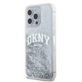 DKNY-suojakuori iPhone 15 Pro Max 6,7":lle DKHCP15XLBNAET, valkoiset HC-nestekimalteet ja kaarilogo.
