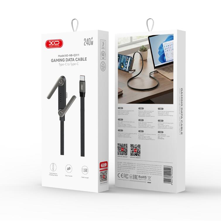 XO-kaapeli NB-Q311 PD USB-C - USB-C 1,5m 240W musta litte&auml; taitettavalla jalustatukella