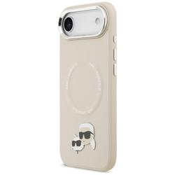 Karl Lagerfeld -kotelo, Magsafe PU -kotelo, jossa Karl&Choupette-p&auml;&auml;t, nastat, logo ja metalliset kamerapainikkeet iPhone 17:lle, harmaa.