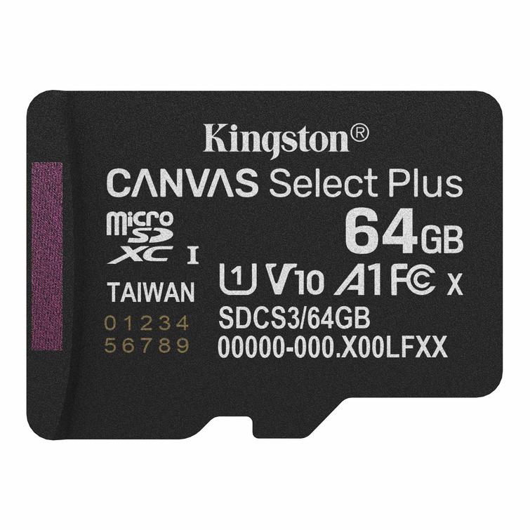 Kingstonin muistikortti 64GB SDXC Canvas Select Plus Gen3 100MB/s C10 UHS-I U1 V10