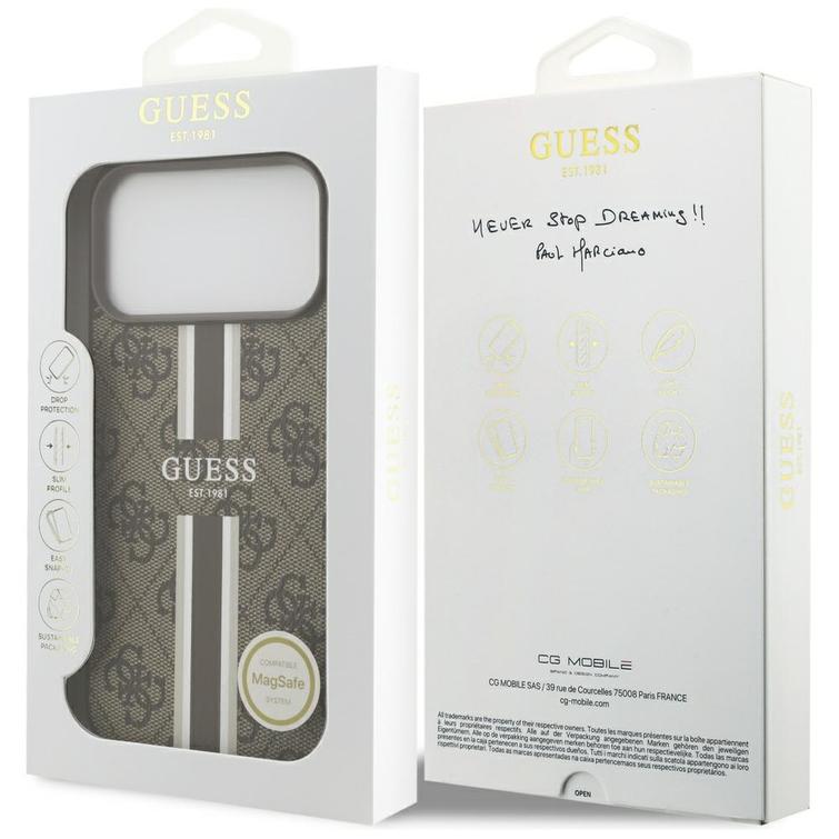 Guess 4G Printed Stripes MagSafe -kotelo iPhone 17 Pro Maxille, ruskea