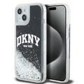 DKNY iPhone 15 6,1" -puhelimen kuoret, mustat nestekimalleilla ja kaarilogolla. DKNY DKHCP15SLBNAEK -kotelo.