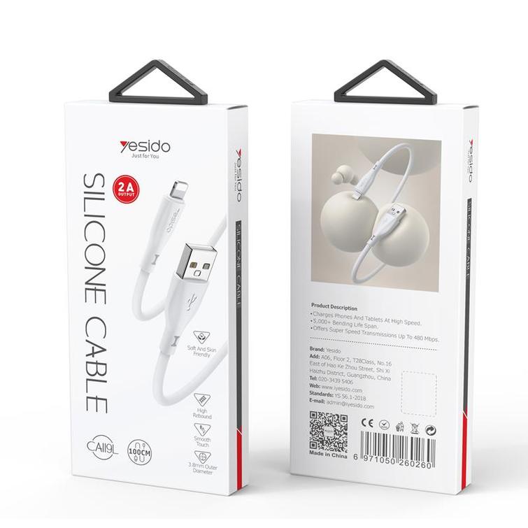 YESIDO SILICONE CABLE CA119 12W USB/LIGHTNING 1M 2,4A WHITE