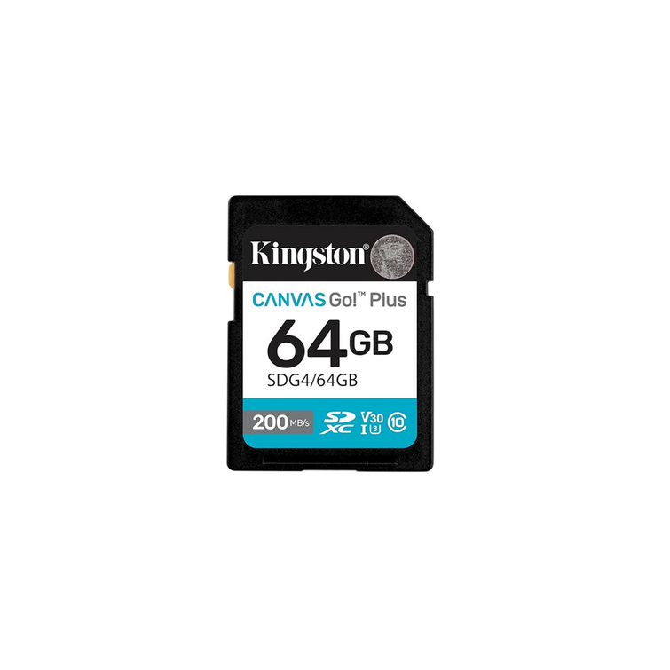 Kingstonin muistikortti 64GB SDXC Canvas Go Plus Gen4 200MB/s C10 UHS-I U3 V30