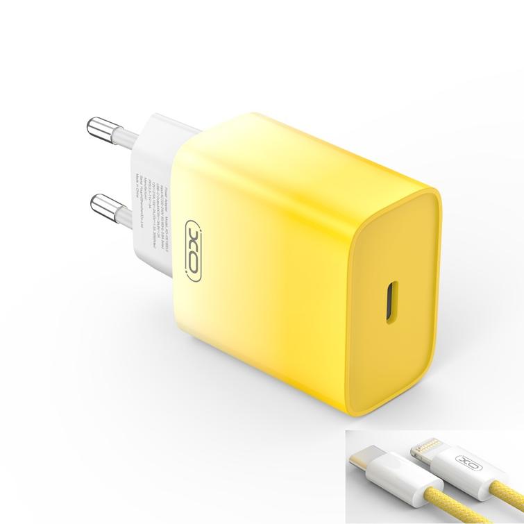 XO seinälaturi CE18 PD 30W 1x USB-C kelta-valkoinen + USB-C-kaapeli - Lightning